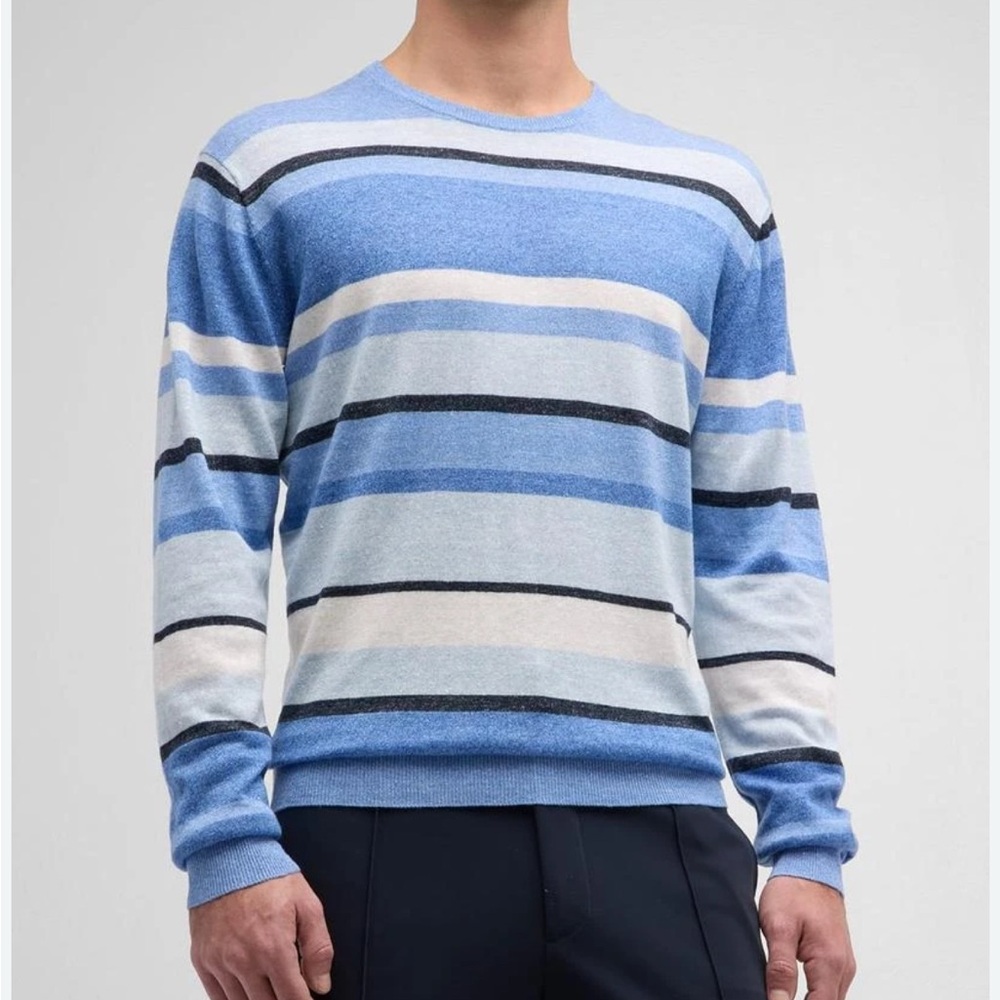 Peter Millar Crown Crafted Serene Blue Stripe Merino Wool Linen Blend Sweater XL